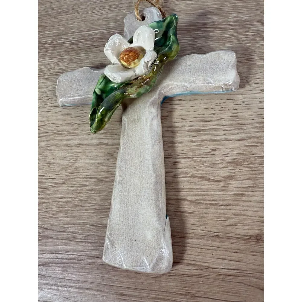 Ceramic Wall Cross, White Flower & Green Leaf, Ballyhoo Hanging Wall Art
